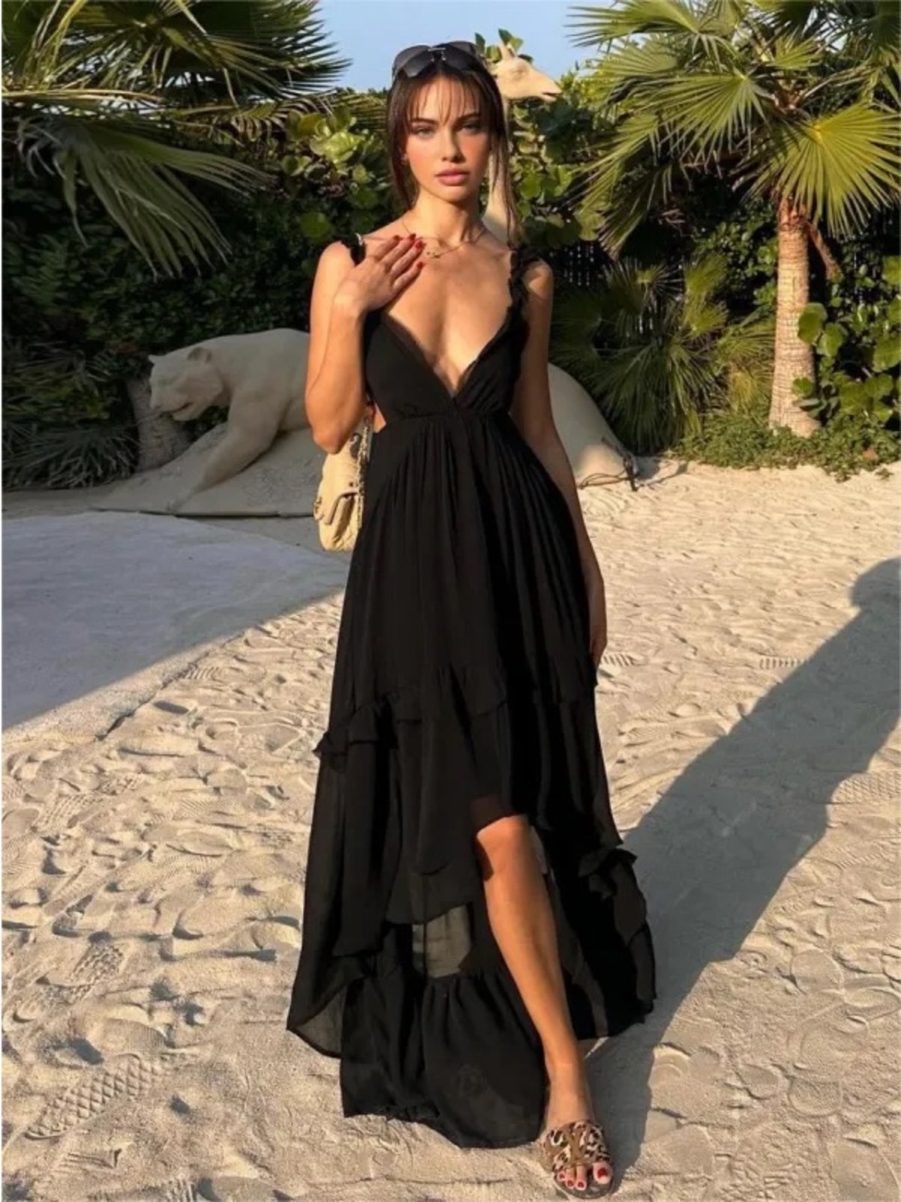 Commense Chiffon High-Low Hem Cutout Long Dress- Black with Deep V neck